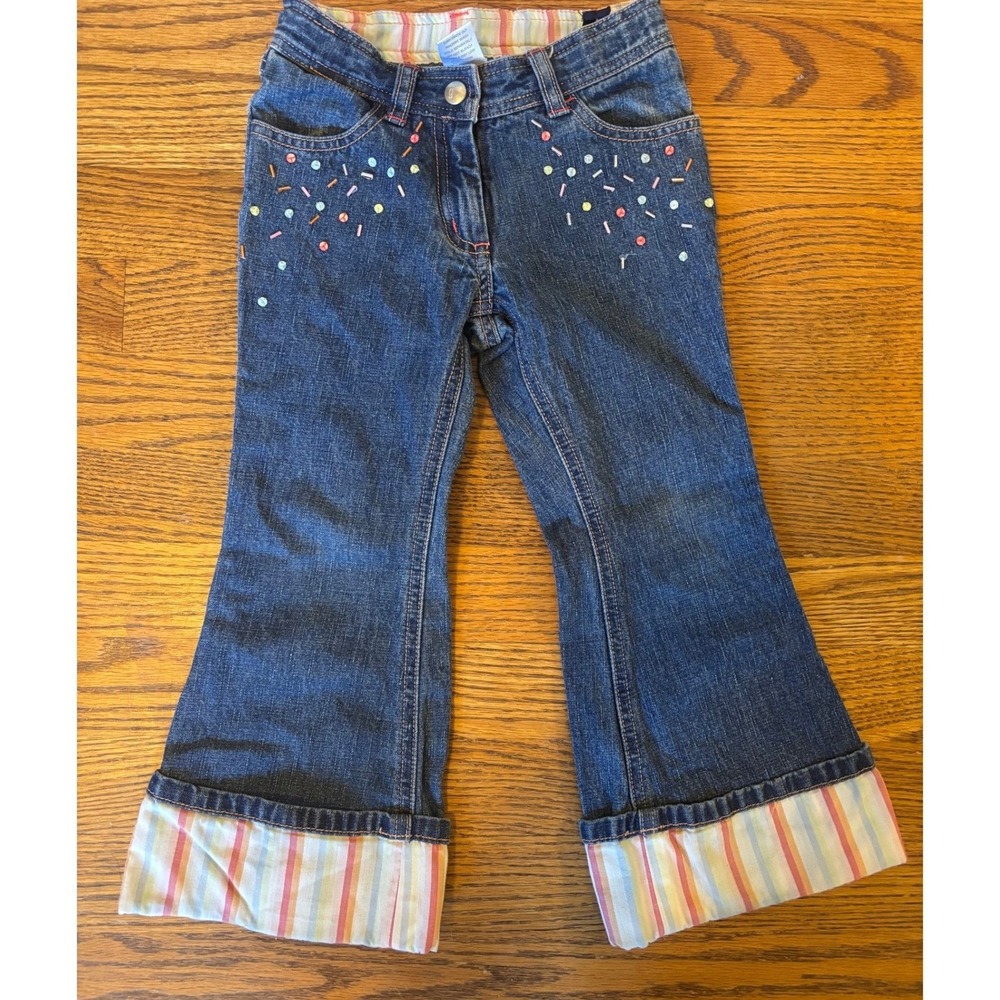 Vintage Gymboree Girls Beaded Flare Jeans Striped Cuffs Size 3 Adjustable Waist